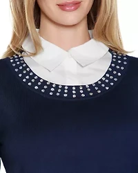 Rhinestone-Neckline Twofer Sweater
