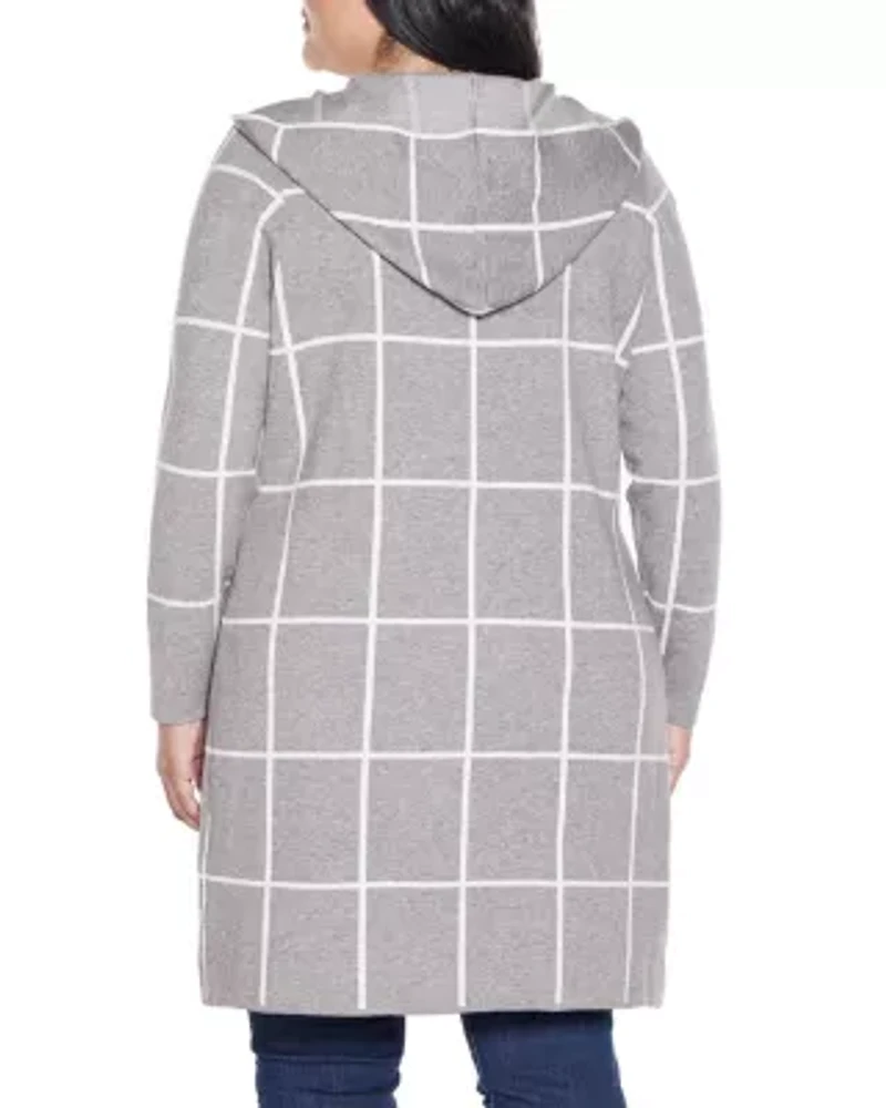 Plus Hooded Windowpane Plaid Coatigan Sweater