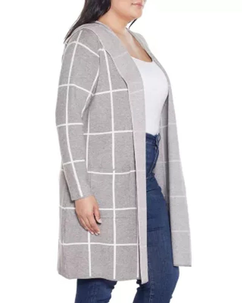 Plus Hooded Windowpane Plaid Coatigan Sweater
