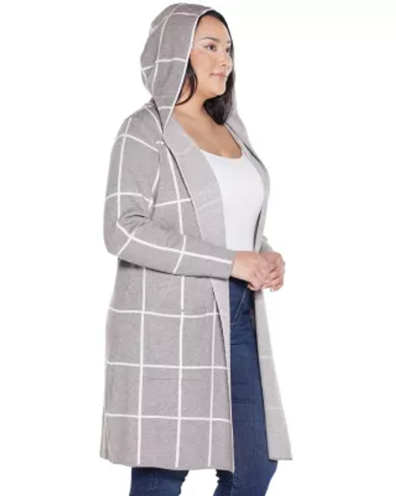 Plus Hooded Windowpane Plaid Coatigan Sweater