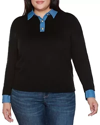 Plus Denim-Trim Twofer Sweater