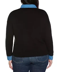 Plus Denim-Trim Twofer Sweater
