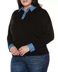 Plus Denim-Trim Twofer Sweater