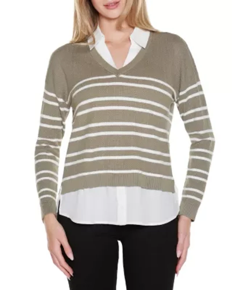 Striped V-Neck Twofer Sweater