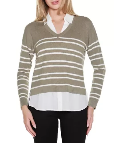 Striped V-Neck Twofer Sweater