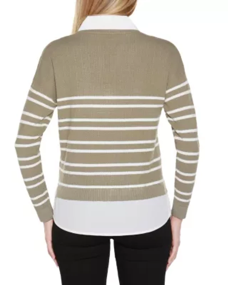 Striped V-Neck Twofer Sweater