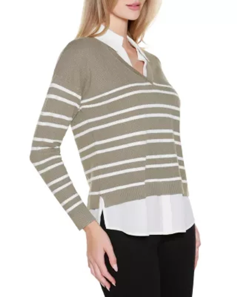 Striped V-Neck Twofer Sweater