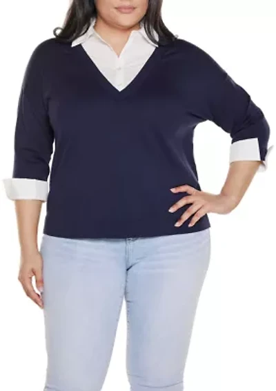 Plus Woven-Collar Twofer Sweater
