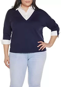 Plus Woven-Collar Twofer Sweater
