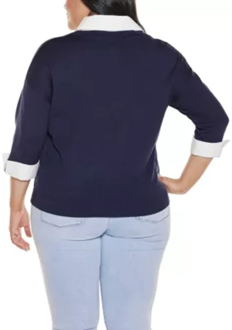 Plus Woven-Collar Twofer Sweater