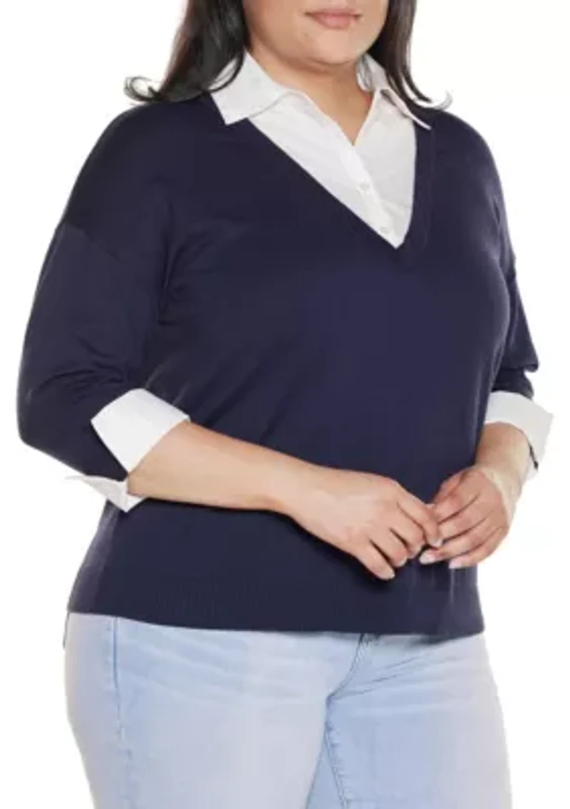 Plus Woven-Collar Twofer Sweater