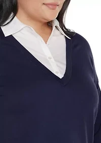Plus Woven-Collar Twofer Sweater