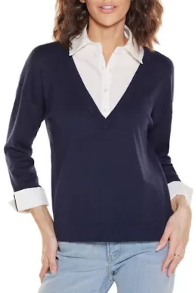 Woven-Collar Twofer Sweater