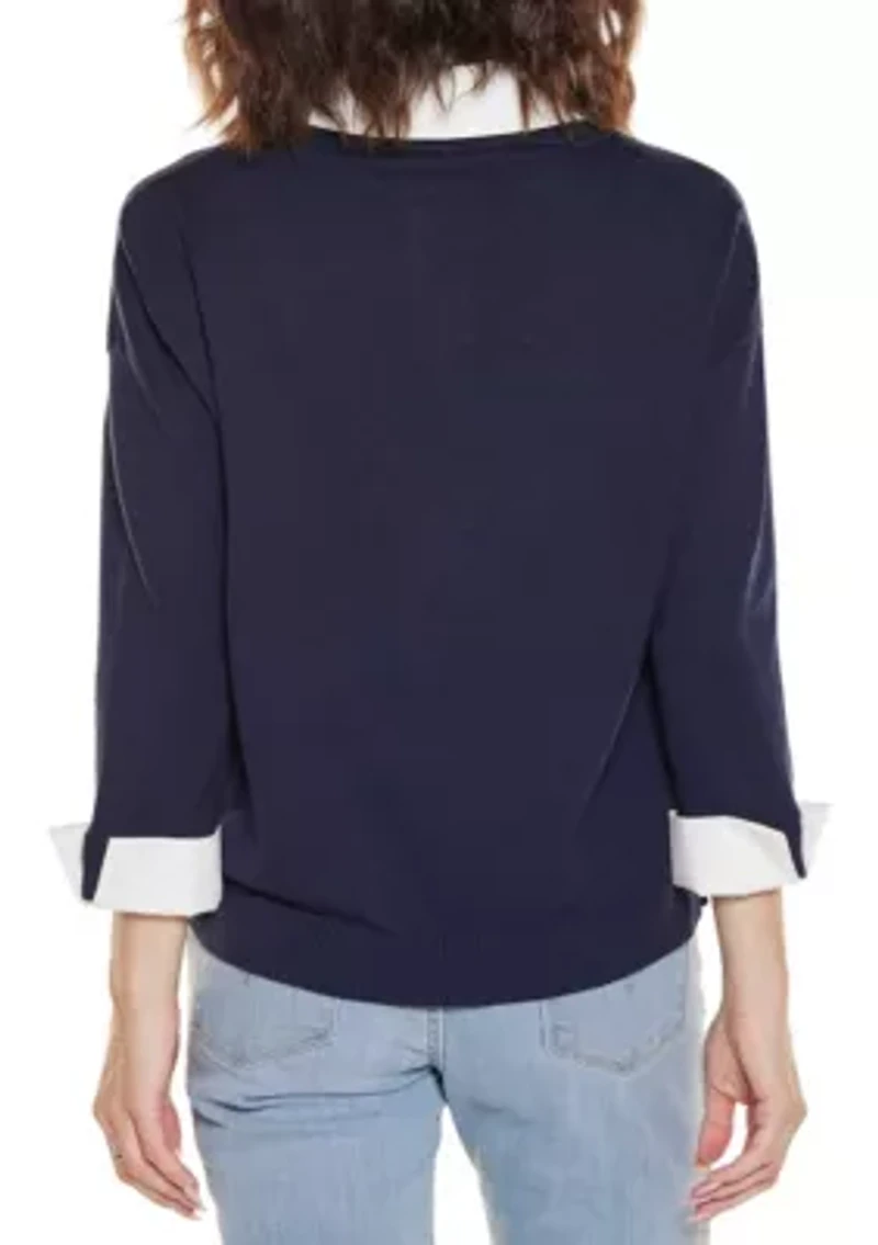 Woven-Collar Twofer Sweater