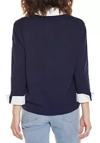 Woven-Collar Twofer Sweater