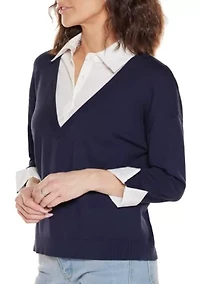 Woven-Collar Twofer Sweater