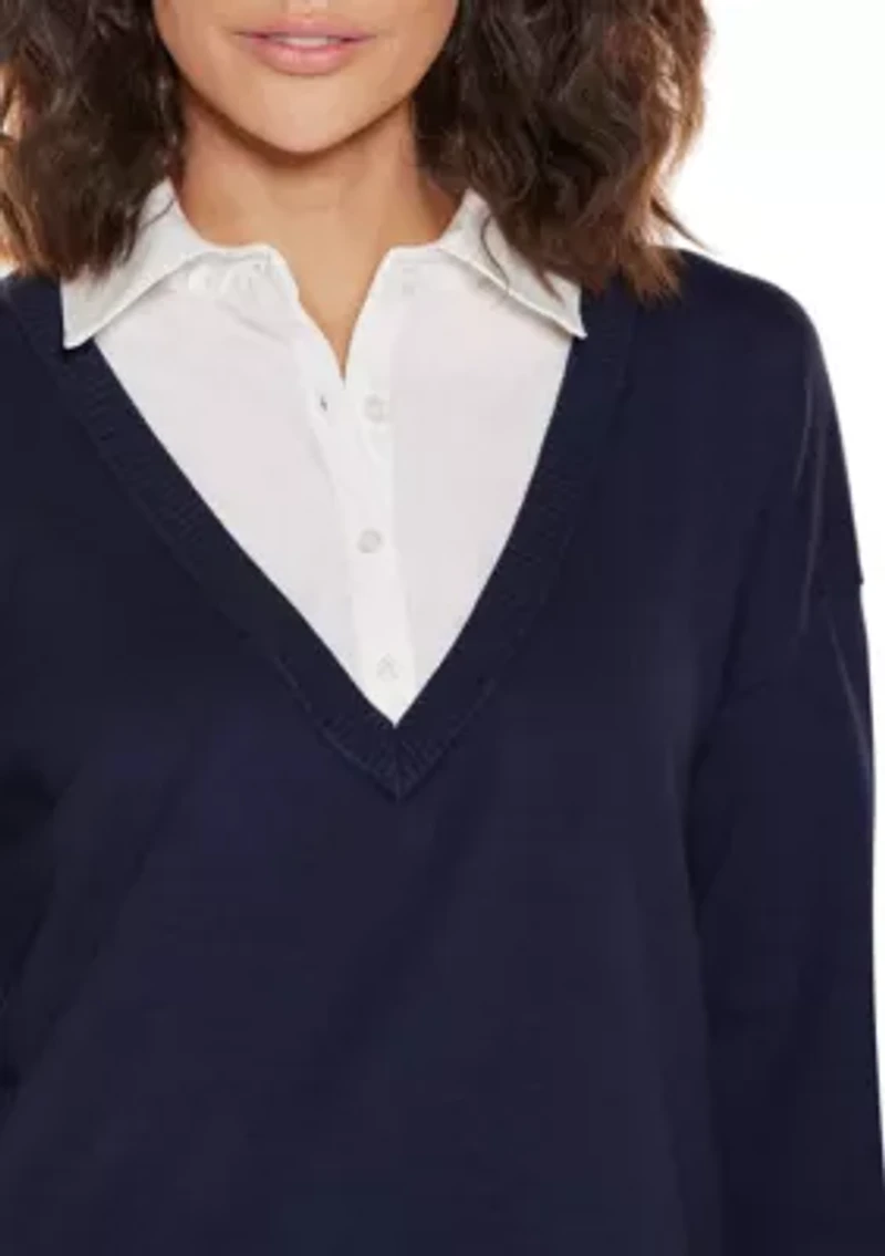 Woven-Collar Twofer Sweater