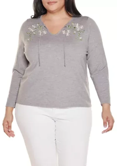 Plus Embroidered-Flower Split-Neck Sweater