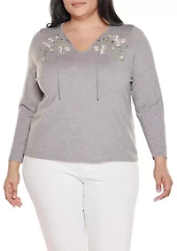 Plus Embroidered-Flower Split-Neck Sweater