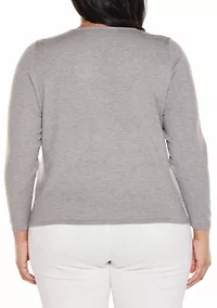 Plus Embroidered-Flower Split-Neck Sweater