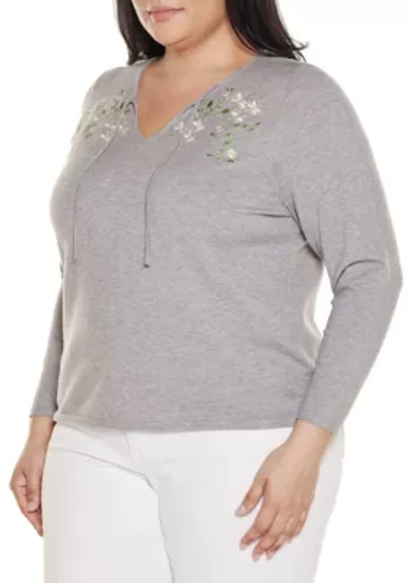 Plus Embroidered-Flower Split-Neck Sweater