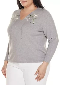 Plus Embroidered-Flower Split-Neck Sweater