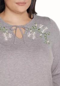 Plus Embroidered-Flower Split-Neck Sweater