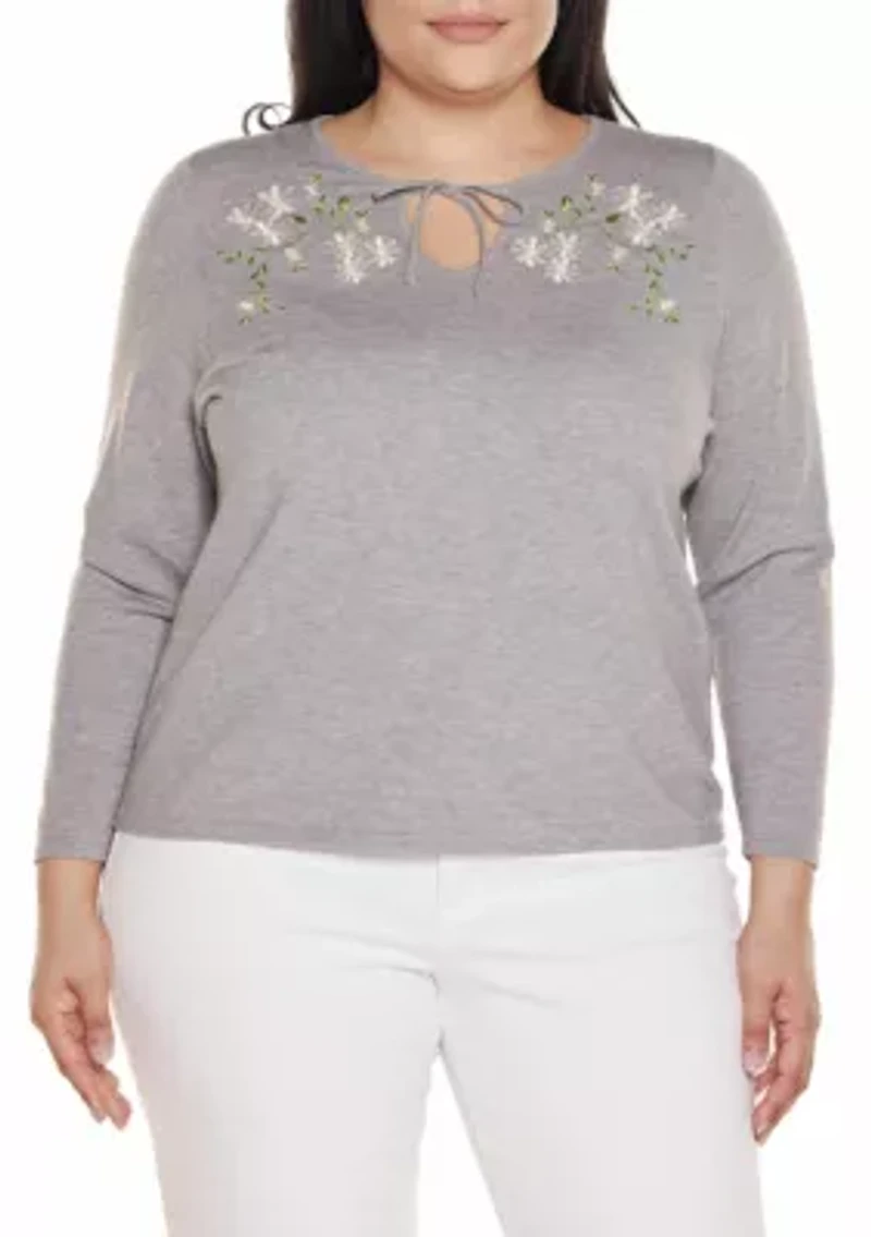 Plus Embroidered-Flower Split-Neck Sweater