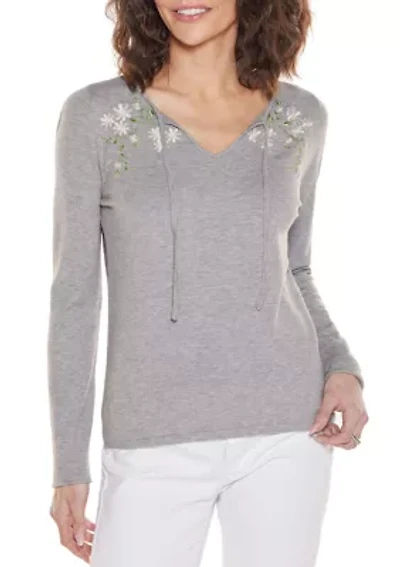 Embroidered-Flower Split-Neck Sweater