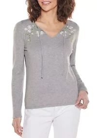Embroidered-Flower Split-Neck Sweater