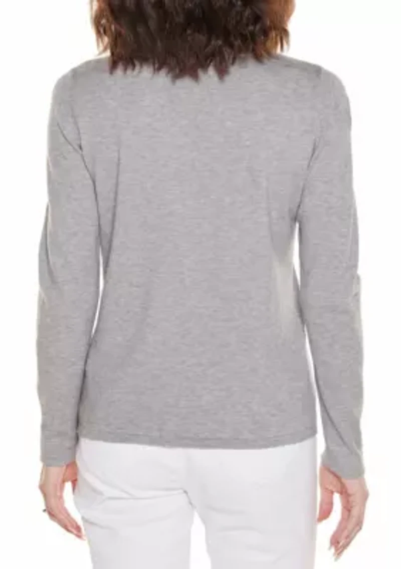 Embroidered-Flower Split-Neck Sweater