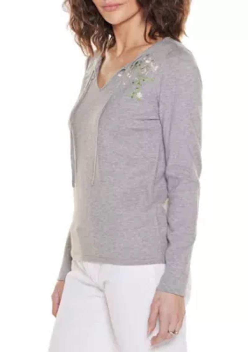 Embroidered-Flower Split-Neck Sweater