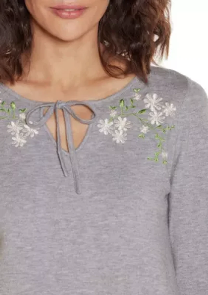 Embroidered-Flower Split-Neck Sweater