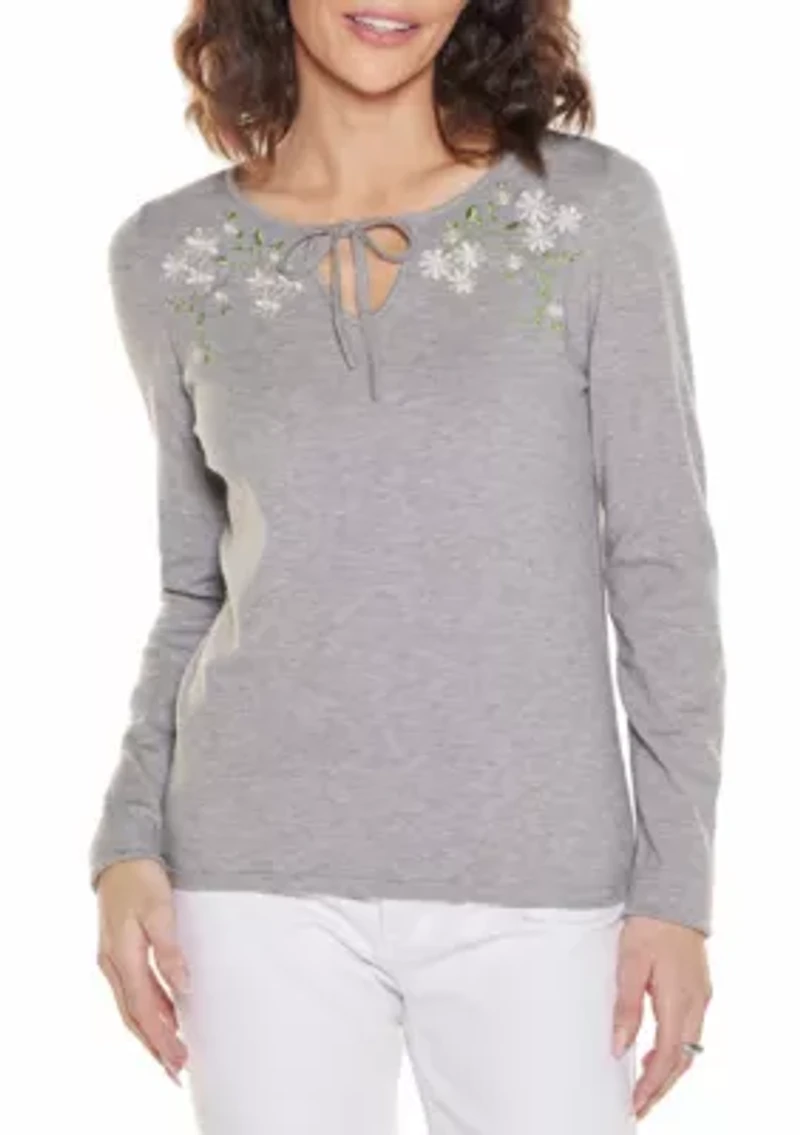 Embroidered-Flower Split-Neck Sweater