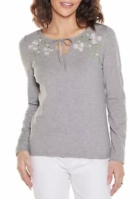 Embroidered-Flower Split-Neck Sweater