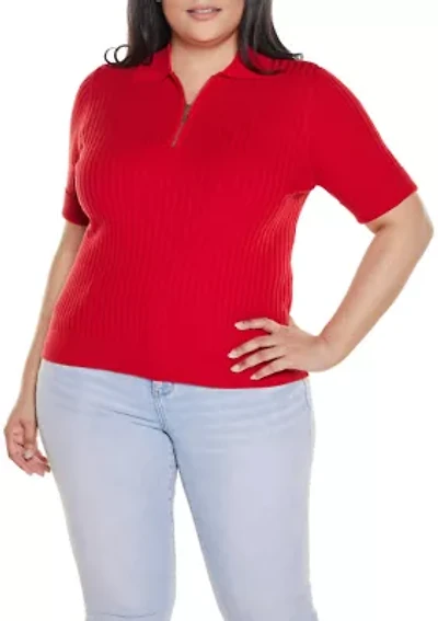 Plus Collared Quarter-Zip Ribbed-Knit Sweater