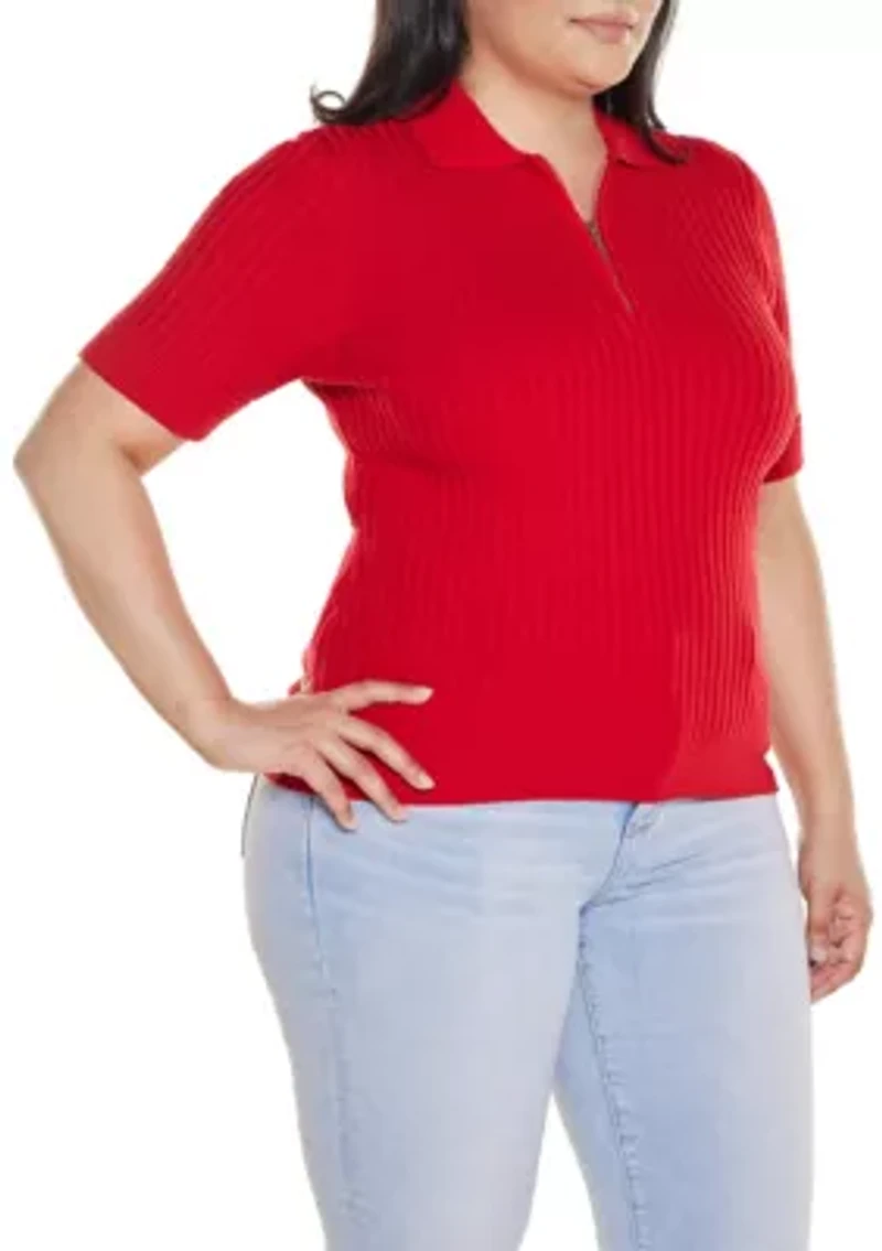 Plus Collared Quarter-Zip Ribbed-Knit Sweater