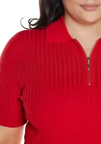 Plus Collared Quarter-Zip Ribbed-Knit Sweater