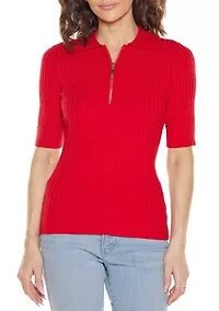 Collared Quarter-Zip Ribbed-Knit Sweater