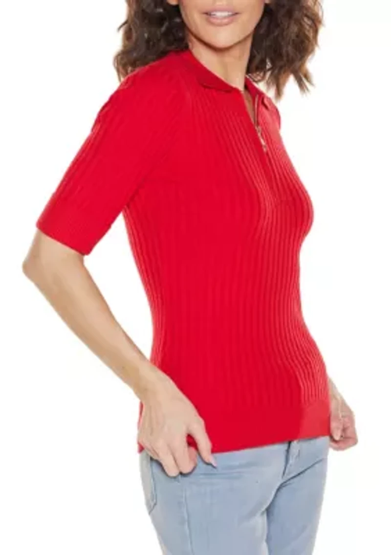 Collared Quarter-Zip Ribbed-Knit Sweater