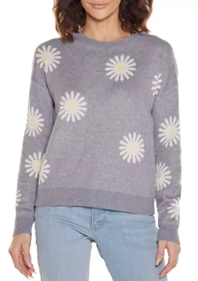 Jacquard-Flower Crew Neck Sweater