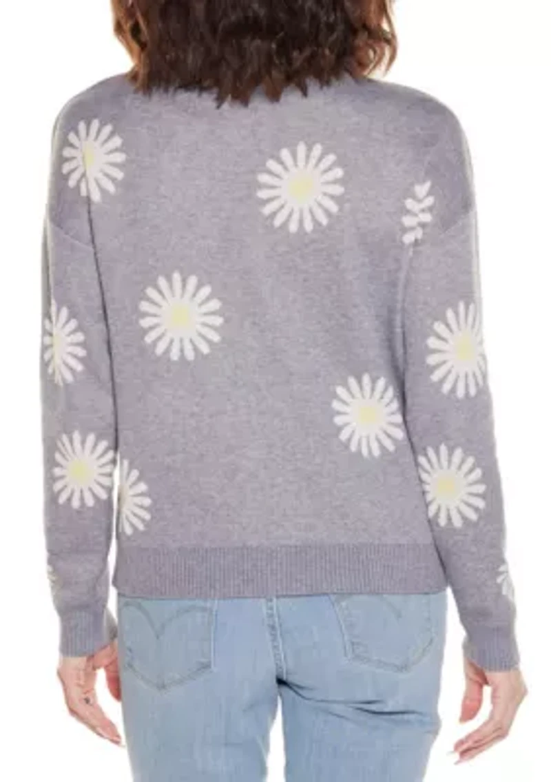 Jacquard-Flower Crew Neck Sweater