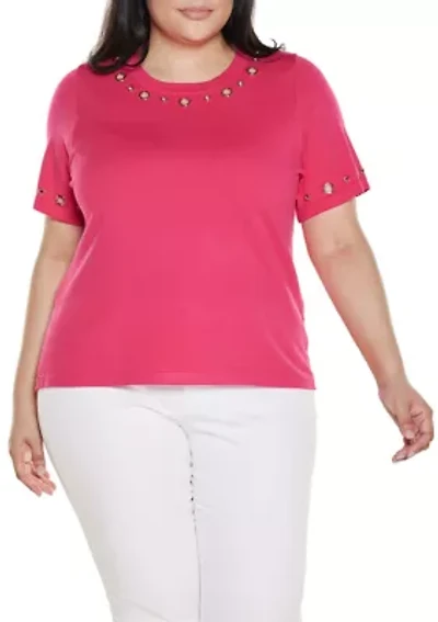 Plus Grommet-Detail Crew-Neck Sweater