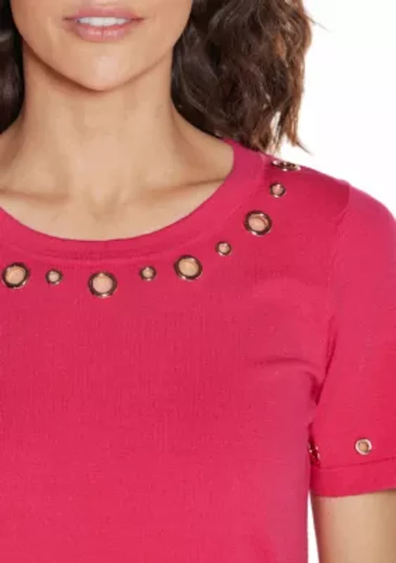 Grommet-Detail Crew-Neck Sweater