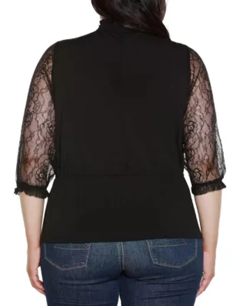 Plus Mixed-Media Embellished Knit Top