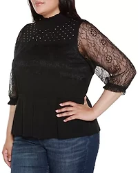 Plus Mixed-Media Embellished Knit Top