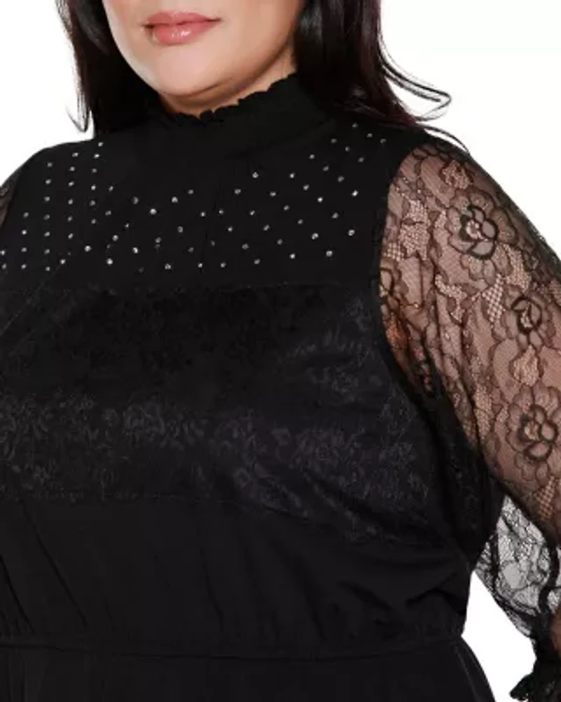 Plus Mixed-Media Embellished Knit Top