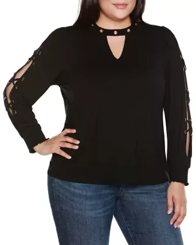 Plus Slit-Sleeve Keyhole Knit Top