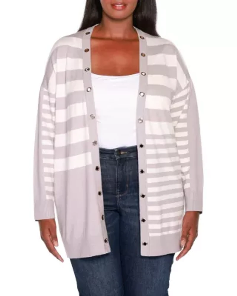 Colorblocked Variegated-Stripe Open-Front Cardigan Sweater