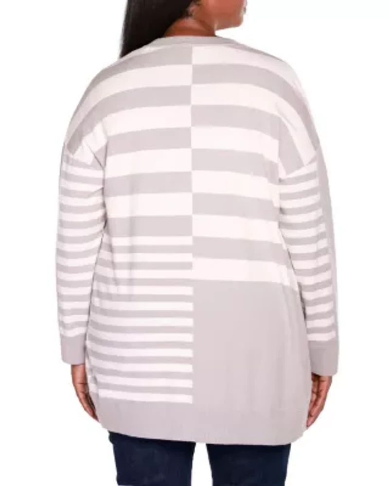 Colorblocked Variegated-Stripe Open-Front Cardigan Sweater